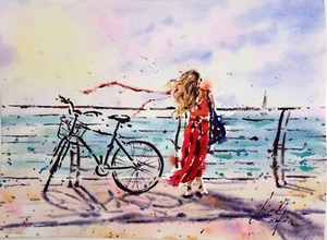 ORIGINAL watercolor painting TEL AVIV Seascape Art Israel Bike art 9" by 12" - Picture 1 of 3