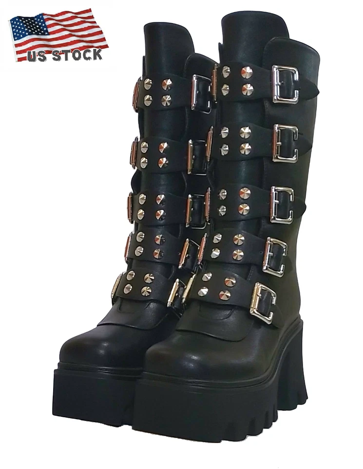 Mujeres Botas de Plataforma Góticas Negras Veganas Combate Gruesas Punk Tachonadas Hebilla de Metal Foto 1 de 4