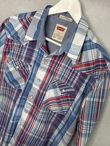 Levis Shirt Mens Large Blue Red Check Western Pearl Snap Shark Tooth White Tab - Picture 1 of 9