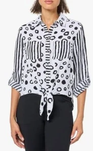 Ali Miles Black & White Polka Dot & Stripe Button-Up Blouse PL Polyester Womens - Picture 1 of 8