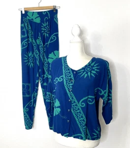 Vintage Tropical Tantrum Hawaii Size XS Shirt Pant Set Outfit Rayon Batik Womens - Picture 1 of 7