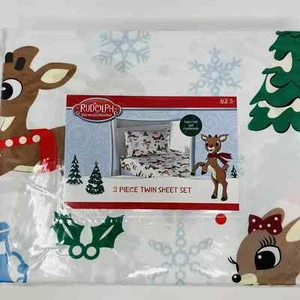 Rudolph The Red Nosed Reindeer Christmas 3 Piece Size Twin Sheet Set Santa - Picture 1 of 3