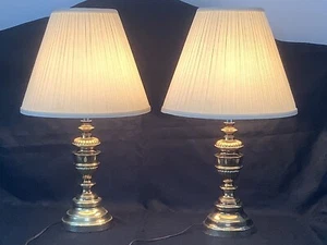 Matching Pair Of Large Vintage Table Lamps, Solid Brass ~ 29inch -top of shade - Picture 1 of 24
