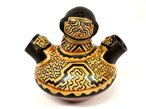 Vintage Peruvian Shipibo Conibo Pottery Vase Face Handmade Vessel 6.5x7" - Picture 1 of 9
