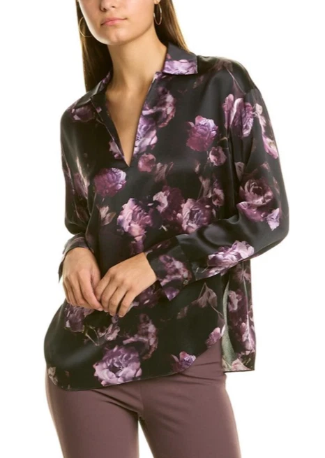 VINCE SILK NIGHT GARDEN LAPEL COLLAR POPOVER BLOUSE TOP SZ S BLACK