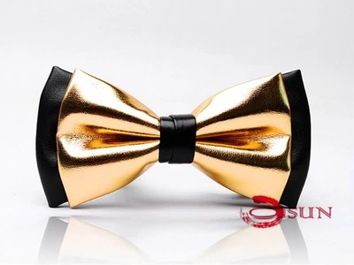  Mens PVC Faux Leather Gold Golden Black Shining Bow Tie Bowties Wedding Party - Изображение 1 из 2