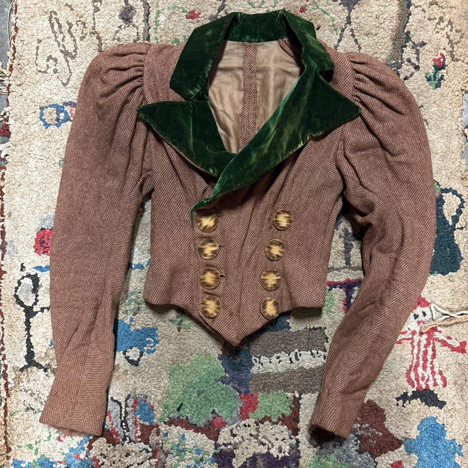 Antique Victorian Brown Tweed Wool & Green Velvet Bodice Dress Blouse Vintage - Image 1 of 4