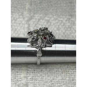Vintage 1970s Uncas Sterling Silver Clear and Red Glass Stones Floral Size 7 - Picture 1 of 3