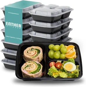 Meal Prep Behälter [12 Stück] 3 Fächer mit Deckel, Lebensmittel Aufbewahrung Bento Box | - Bild 1 von 12