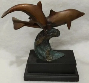 Vintage Solid Brass Sculpture On Base Dolphins Jumping Over Waves Fish Figurine  - Picture 1 of 9