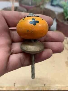 Vintage Old Hand Carved Orange & Black Flower Painted Wooden & Brass Door Knobs - Picture 1 of 6