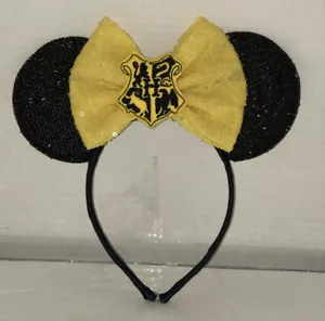 Minnie Mouse Ears Headband Sparkly Black Ears With Bright Yellow Sequin Bow - Picture 1 of 2