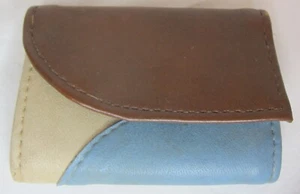 Brown Tan Blue Leather Like 6 Clip Keychain Wallet Snap Closure Stitching Pocket - Picture 1 of 3