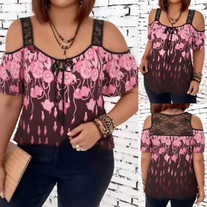 Plus Size Women Floral Lace Cold Shoulder T-Shirt Summer Casual Loose Top Blouse - Picture 1 of 15