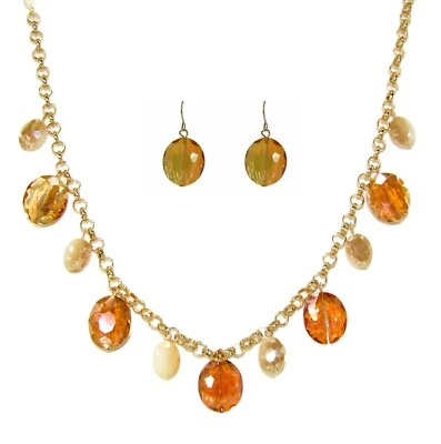 Juego de collar y pendientes llamativos cuentas de vidrio color naranja dorado Nuevo Foto 1 de 4