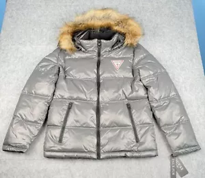 Guess Men’s Grey Puffer Hooded Jacket w/ Faux Fur Removable Hood Size Small NWT - Picture 1 of 16
