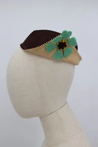 Vintage Felt Bonnet Hat Bag Purse Girls Children Flowers Drawstring Brown 1920s - Picture 1 of 13