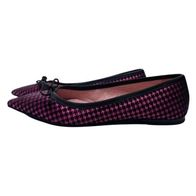 PRETTY BALLERINAS ELLA BLACK FUCHSIA PINK HOUNDSTOOTH FRONT BOW FLAT SHOES - 9,5 - Image 1 of 4