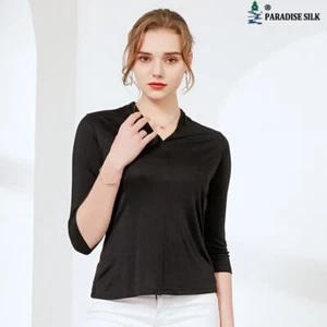 Natural Silk Women's T-shirt  V-neck Three Quarter Sleeve Solid Color - Picture 1 of 10