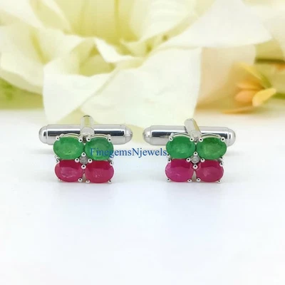 Ruby Cufflinks Natural Emerald Gemstones 925 Sterling silver Cufflinks #355 - Image 1 of 4