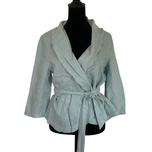 Grace Elements Women's Light Blue Linen Wrap Blouse Size 12 Career Summer Beach - Picture 1 of 12