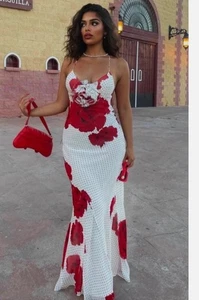 Zara Long Floral Print Polka Dot Dress White Red Size L 3334/316 New - Picture 1 of 24