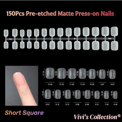 VIVI'S COLLECTION 150 False Nail Tips Short Square Coffin Oval Matte Full Cover Pre-etched French