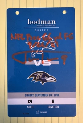 11/26/21 Ravens @ Lions Justin Tucker RECORD 66 yard FG signed ticket/credential - Image 1 of 2
