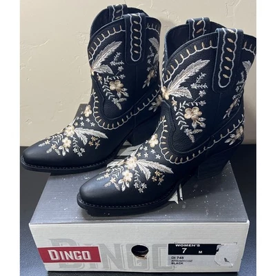 Botas occidentales Dingo negras prímula cuero bordado floral para mujer talla 7 NUEVAS Foto 1 de 4