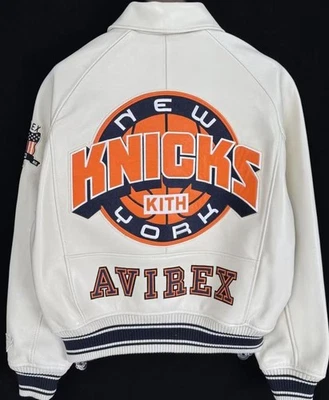 Avirex Men’s White Leather Flight Bomber Jacket NY KNICKS KITH American Style - Image 1 of 4