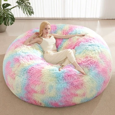 5FT Rainbow Bean Bag Chair Cover for Stuffed Animals Storage, Gaint Faux Fur ... - Image 1 of 4