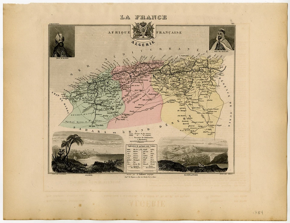 Antique Map-Algeria with inserts of Alger and Constantine-Vuillemin-Migeon-1884 - Image 1 of 1