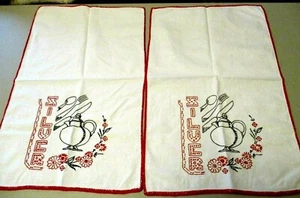 2~VINTAGE WHITE LINEN TOWELS RED&BLACK EMBROIDERED"SILVER"WARE&TEA POT~FLOWERS - Picture 1 of 8