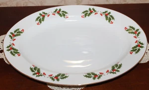Christmas Holly Fine China Porcelain Japan Oval Serving Platter 14 1/2" -Perfect - Picture 1 of 9