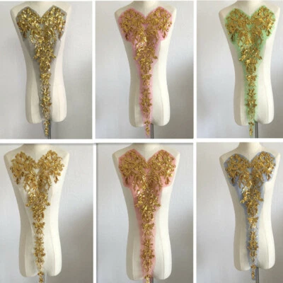 Gold Sequin Flower Lace Applique Trims Patches DIY Wedding Crafts Sew On Shiny - Image 1 of 4