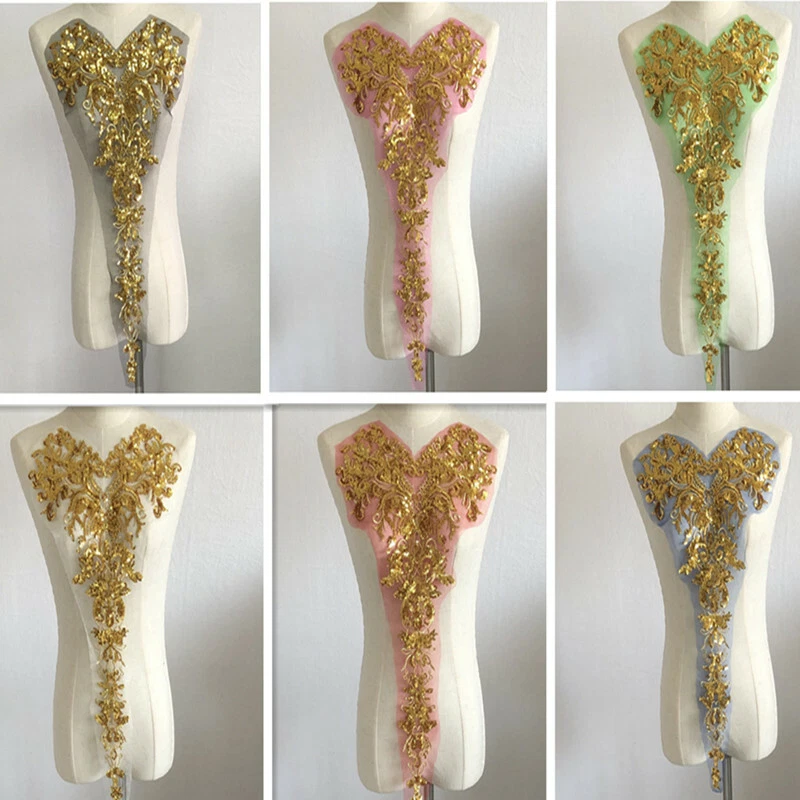 Gold Sequin Flower Lace Applique Trims Patches DIY Wedding Crafts Sew On Shiny - Image 1 of 4