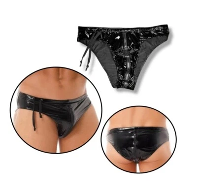 Herren Unterhose Mit Reißverschluss Slip Übergrößen Ouvert Latexoptik  Schwarz - Bild 1 von 3