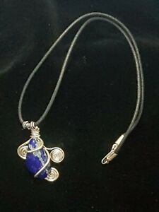 Unique Handmade Lapis Lazuli Pendant Necklace Silver Plated Wirework Spirals