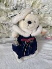 White Bear with Blue Velvet Coat and Floral Hat on Stand Antique Vintage Rare