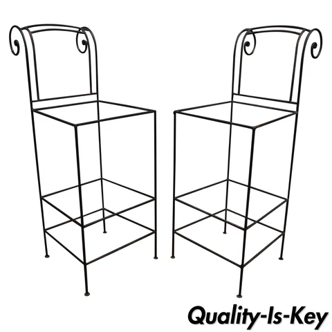 Pair of Wrought Iron Curule Frame Scroll Back 30" Seat Bar Counter Stools Chairs Cover