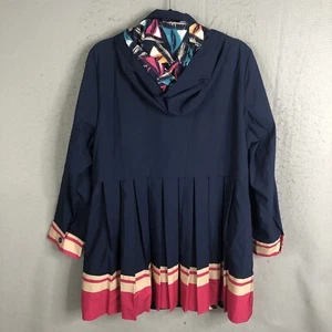 Chicos 2  Jacket WomensLarge Blue Rain Coat Hooded Zip Pleated Hem Stripe Preppy - Picture 1 of 19