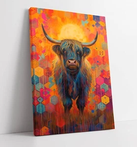 PAINTING OF A HIGHLAND COW WITH HEXAGONS -FRAMED CANVAS WALL ART PICTURE PRINT - Picture 1 of 2
