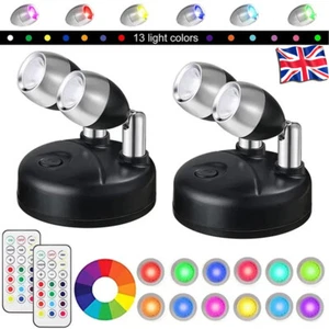 2X Wireless Spotlight RGB Colour Changing 2Head LED Puck Lights Remote Battery - Picture 1 of 10