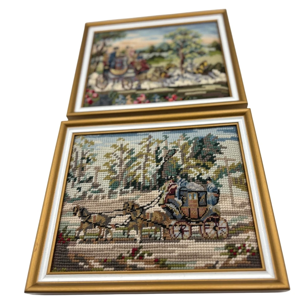 Juego de 2 arte vintage enmarcado a punta de aguja escena de carro par decoración del hogar BRIDGERTON Foto 1 de 4