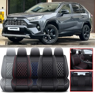 Conjunto completo de 2/5 lugares capa de assento de carro luxo almofada de assento de couro ecológico para Toyota RAV4 - Imagem 1 de 4