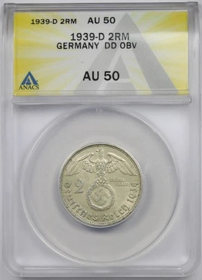 1939-D Germany DD OBV 2M ANAVS AU 50 Silver 2 Reichsmark  - Image 1 of 4