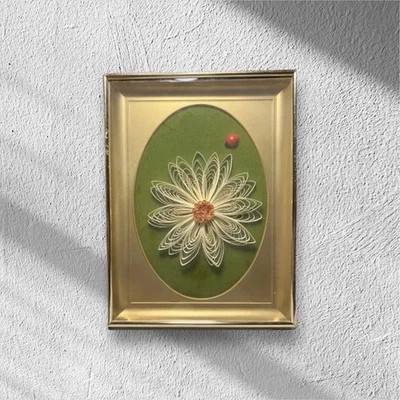 Framed Vintage Folk Art • Paper Quilling • Flower & Wooden Ladybug under Glass - Image 1 of 4