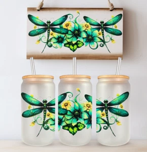 Green Dragonflies 16 oz Glass Can, Iced Coffee Smoothie Beer Cup, Lid and Straw - Picture 1 of 9