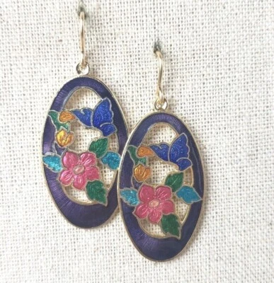 Pendientes Cloisonne Esmalte Flor Púrpura Ovalados Alambres Rellenos de Oro Mejorados Foto 1 de 4