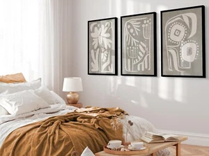Boho Set of 3 Beige Botanical Abstract Flower Print Modern Minimalist Pictures - Picture 1 of 5